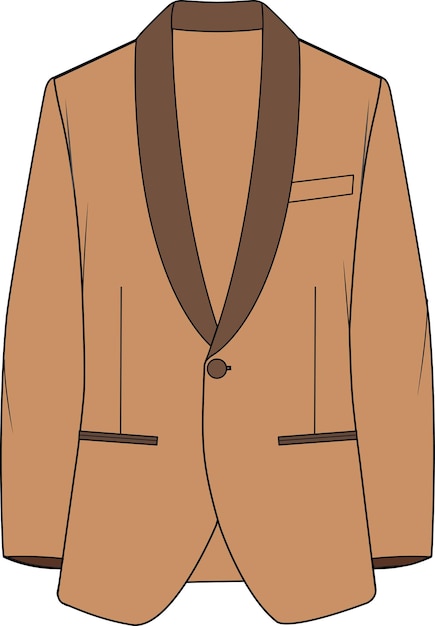 Tan single-breasted tuxedo jacket with brown satin shawl lapels, one-button closure, and welt pockets.