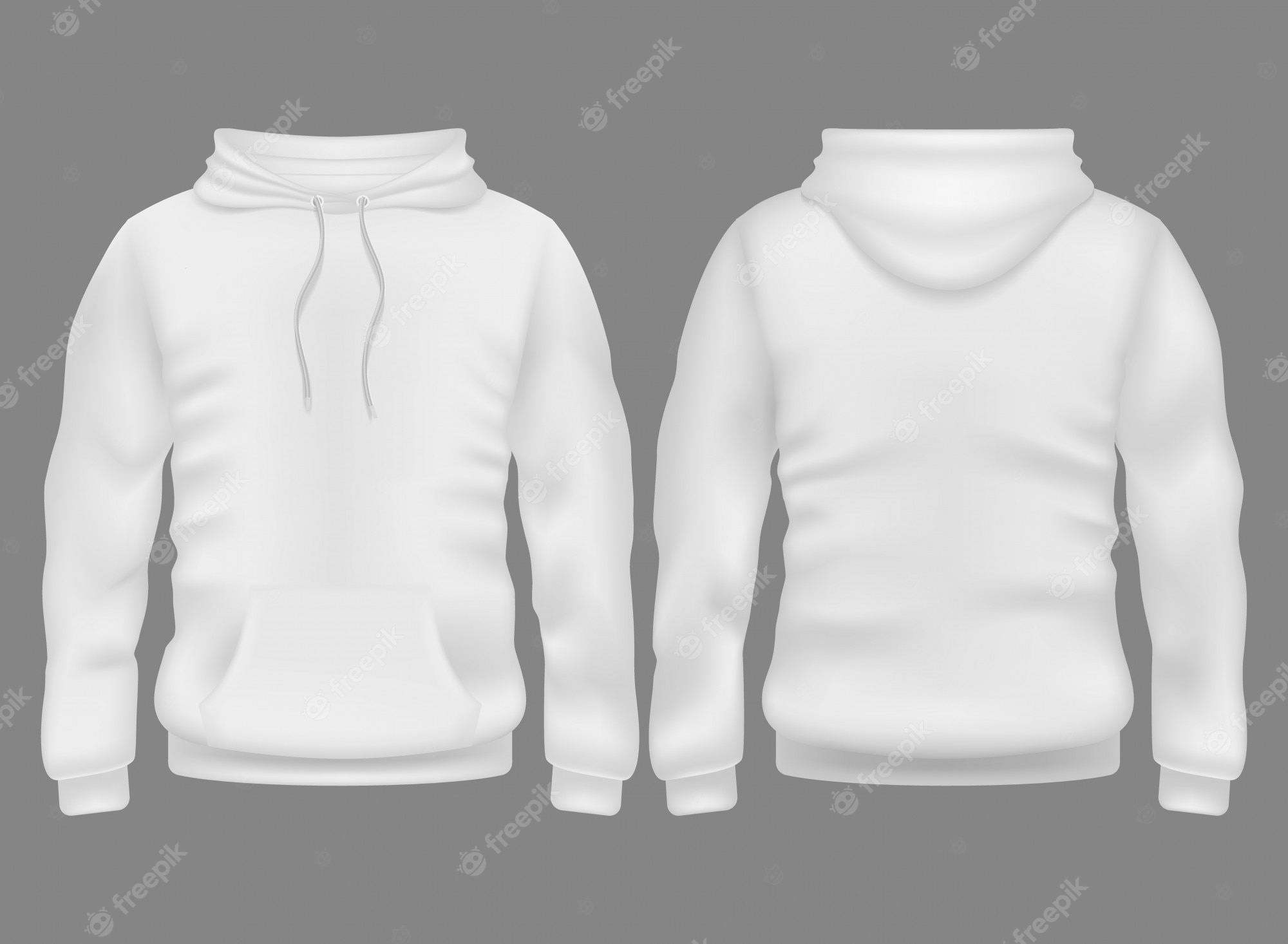 White hoodie mockup showing front and back views on gray background for design customization.