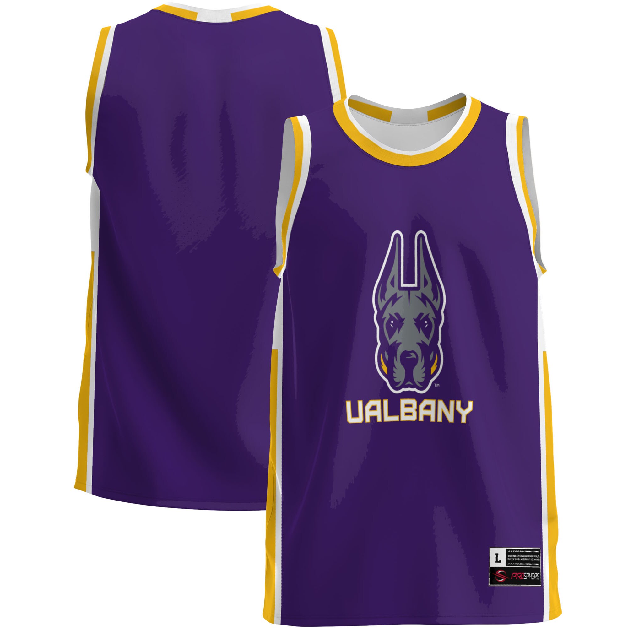 Purple UAlbany basketball jersey with Great Dane logo, gold and white trim, front and back view.