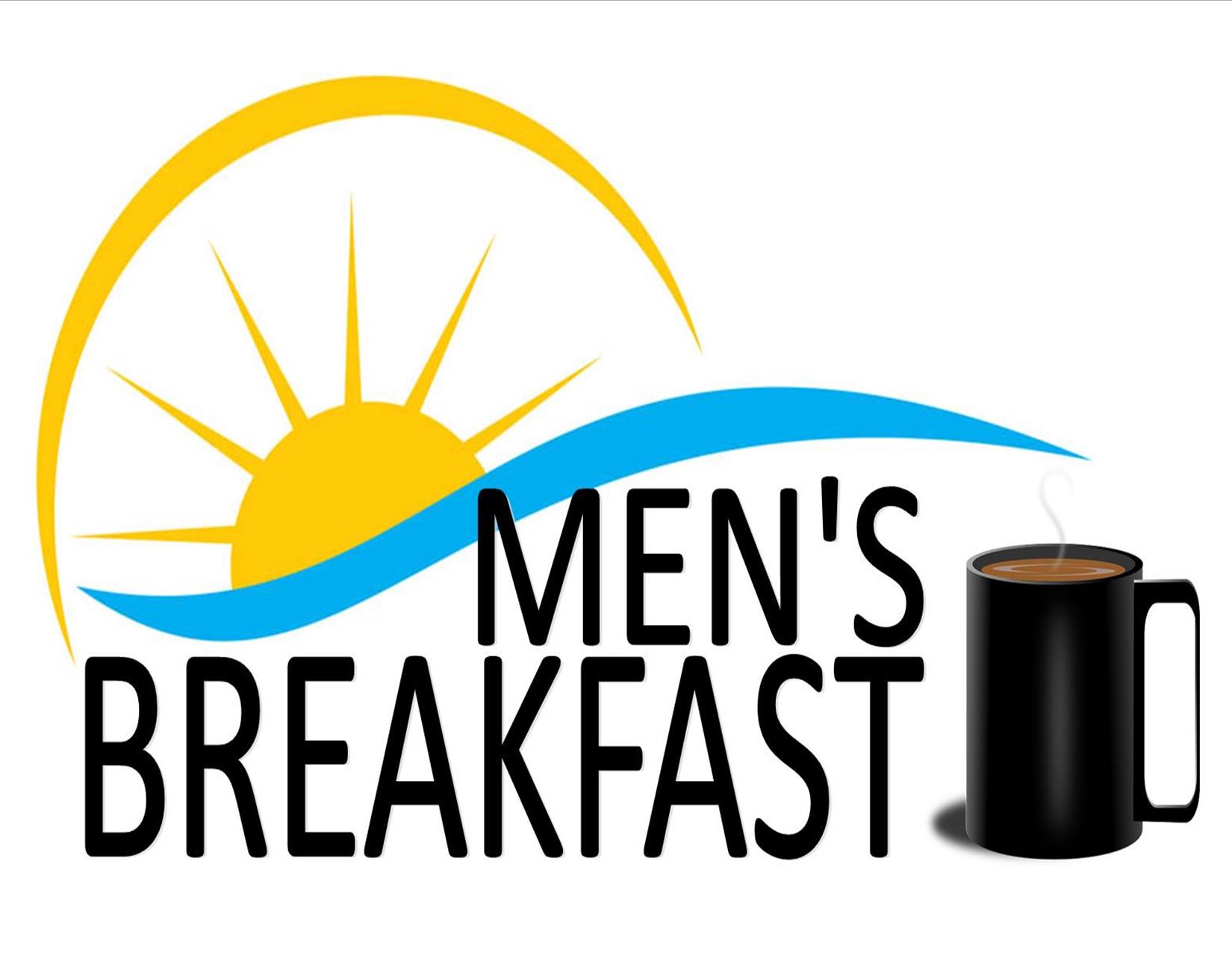 Logo for "Men's Breakfast" featuring a rising sun, blue wave, bold text, and steaming coffee mug.