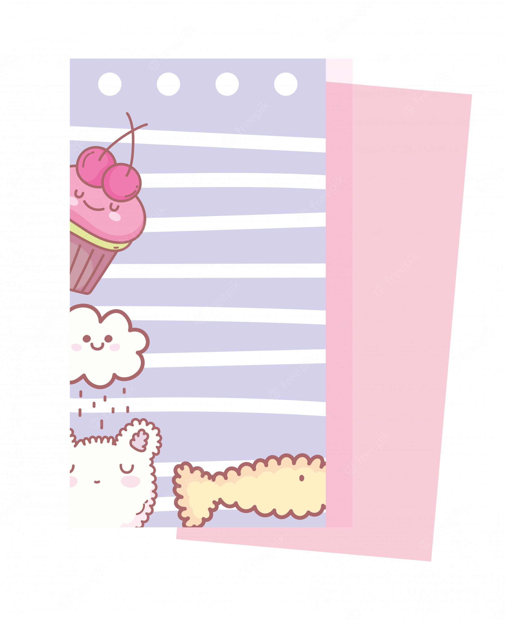 Cute kawaii-style notepad with smiling cupcake, cloud, bear, and cookie illustrations on lavender striped paper.