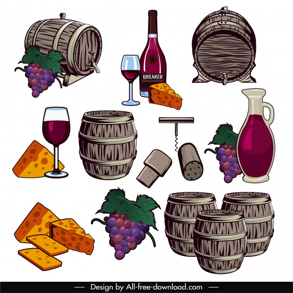 Wine barrels, grapes, cheese, glasses, bottles, corkscrews, and decanters in a rustic illustration set.
