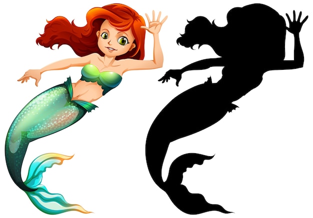 Colorful cartoon mermaid with red hair and green tail waving beside her black silhouette.