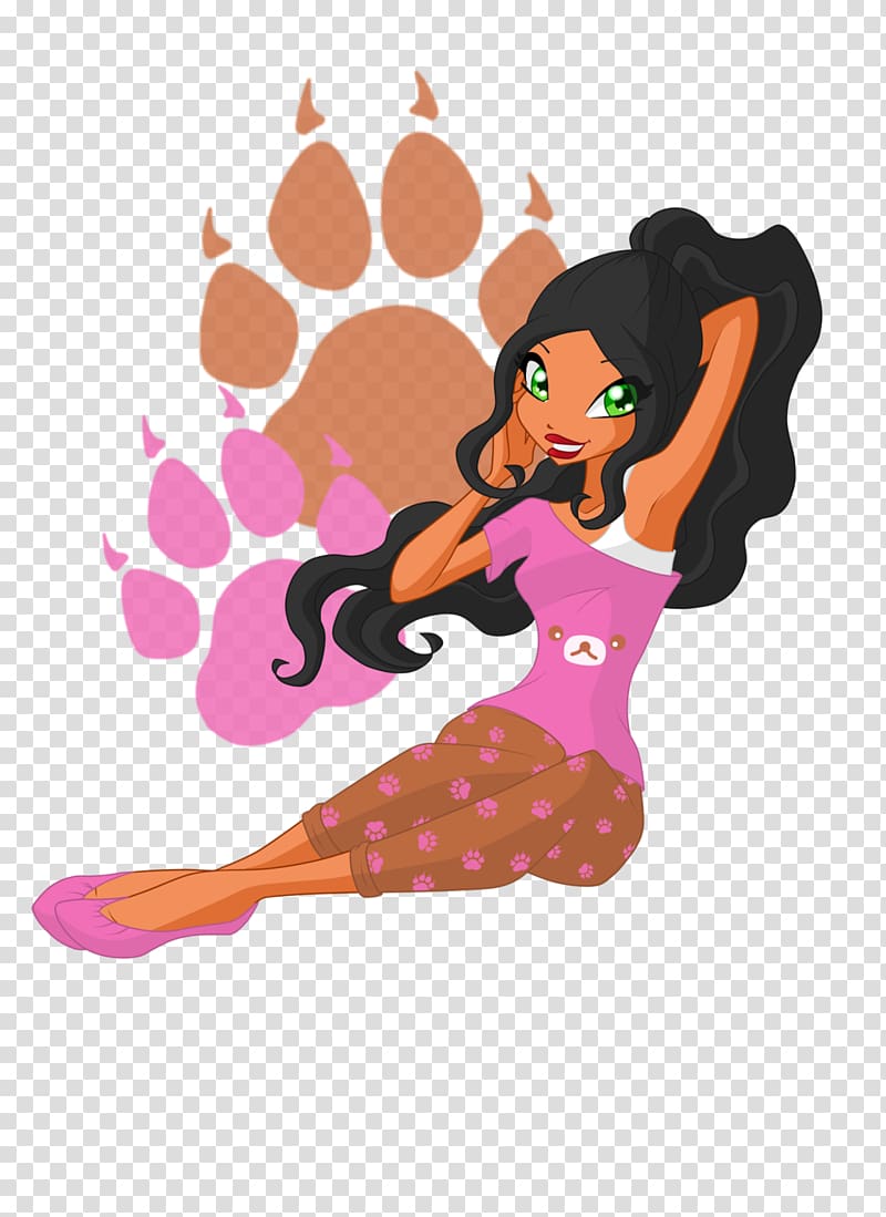 Animated girl with long black hair, green eyes, pink paw-print pajamas, and large paw prints behind her.