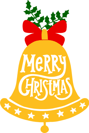 Golden Christmas bell with "Merry Christmas" text, red bow, holly, and star trim on green background.