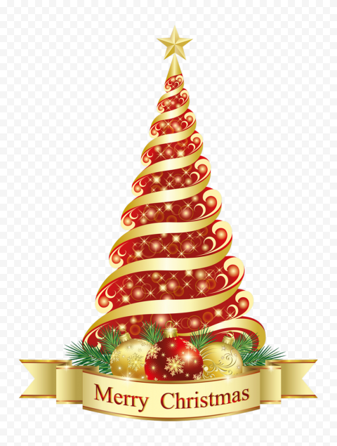 Festive red and gold Christmas tree with swirling ribbons, ornaments, pine branches, and a "Merry Christmas" banner.