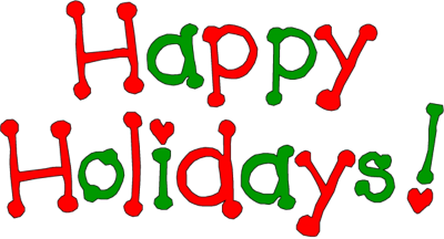 Festive "Happy Holidays!" text in red and green with dotted decoration on black background.