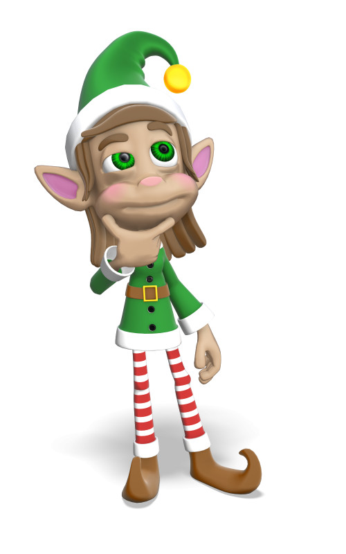 Thoughtful cartoon elf in green hat and striped socks, hand on chin, pondering with wide green eyes.