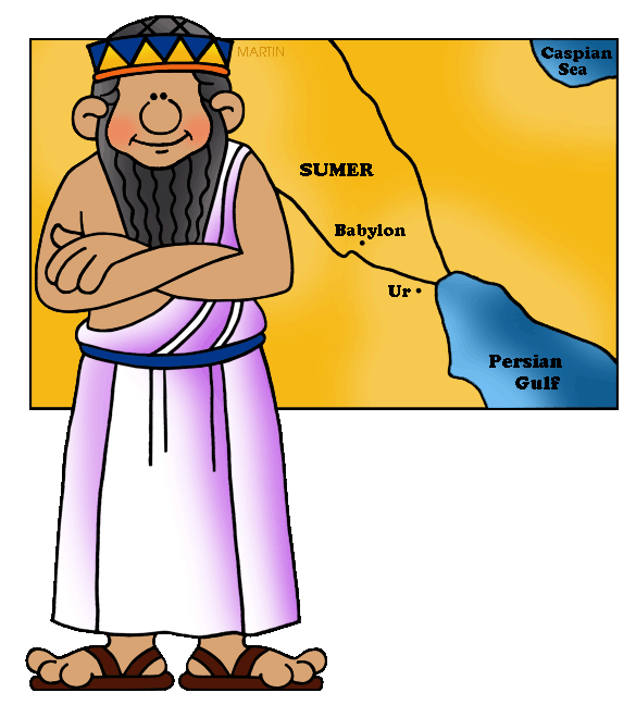 Cartoon depiction of a Sumerian ruler with crown and robe, standing before a map of ancient Mesopotamia showing Sumer, Babylon, Ur, Persian Gulf, and Caspian Sea.