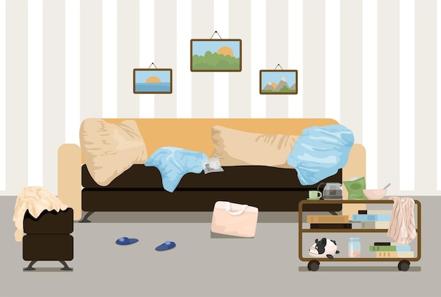 Messy Living Room Scene - Visual for Home Organization & Decluttering Guides