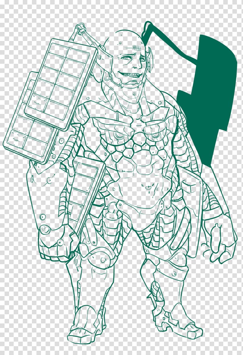 A cyberpunk-style armored warrior with a bald head, mechanical enhancements, and large modular gear strapped to his back.