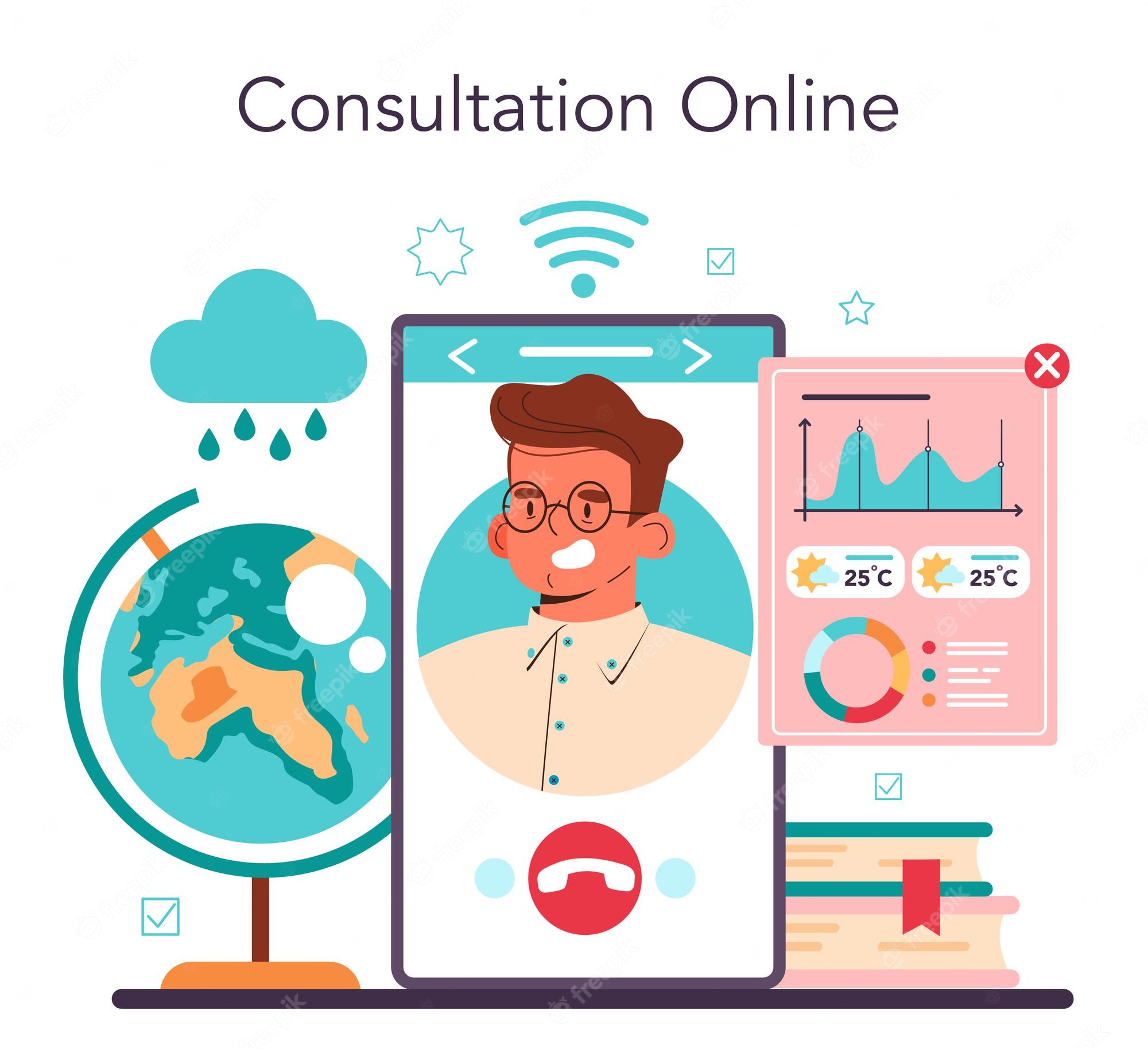Online consultation illustration showing a video call with a doctor, weather data, globe, and medical records on a tablet.