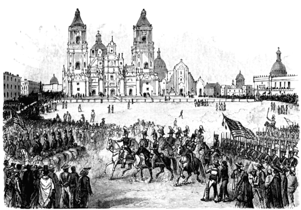 U.S. military parade in Mexico City’s Zócalo with the Metropolitan Cathedral in background, circa 1847-1848.