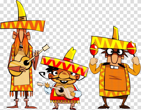 Three cartoon mariachi musicians in traditional sombreros and ponchos playing guitars and maracas.