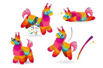 Four colorful, festive llama piñatas in various playful poses with confetti and streamers.