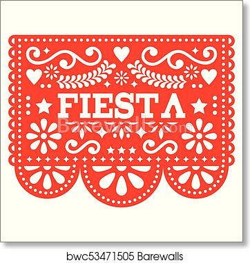 Red papel picado banner with "FIESTA" text, floral and heart motifs, traditional Mexican cut-paper decoration.