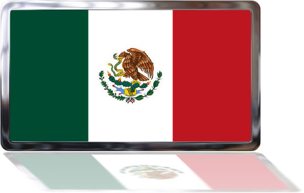 Mexican flag in a glossy metallic frame with reflection below.