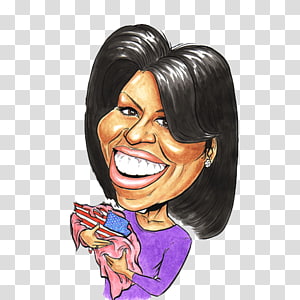 Caricature of Michelle Obama smiling, holding a small American flag and book, wearing purple top.