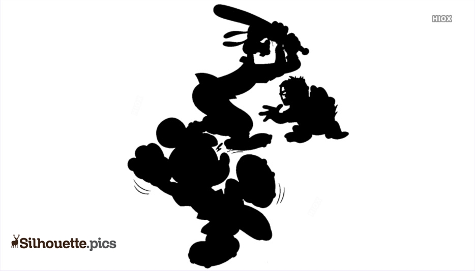 Silhouette of cartoon characters in dynamic action-Mickey Mouse, Goofy with bat, and a small figure mid-leap.
