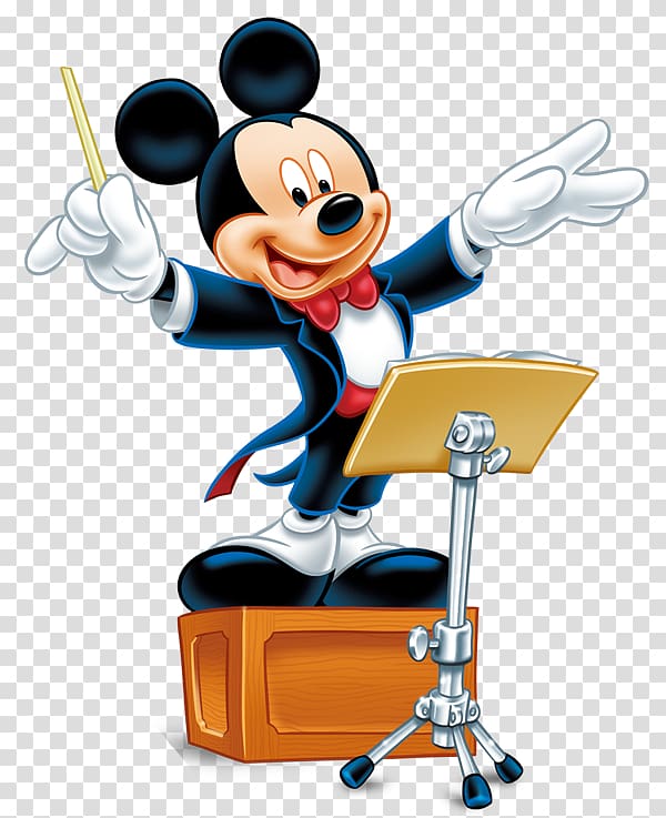 Mickey Mouse conducting an orchestra with baton, wearing tuxedo and standing on a crate beside a music stand.