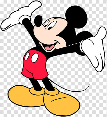 Classic Mickey Mouse waving cheerfully in iconic red shorts, yellow shoes, and white gloves.