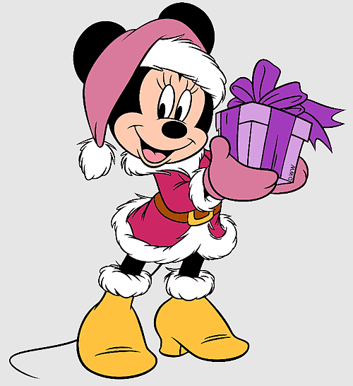 Minnie Mouse in a pink Santa hat and coat, holding a purple gift box with a bow.