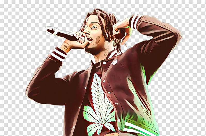 Rapper performing with microphone, wearing varsity jacket with cannabis leaf design, stylized digital art.