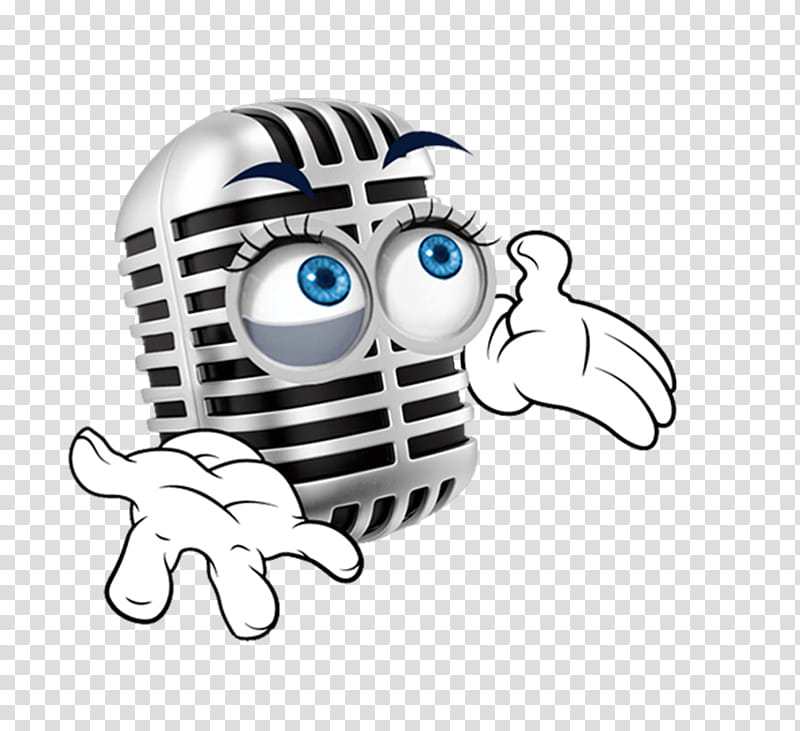 Animated silver microphone with big blue eyes, expressive eyebrows, and cartoon hands gesturing warmly.