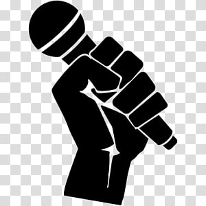 Black silhouette of a raised fist gripping a microphone, symbolizing protest, activism, or empowered speech.