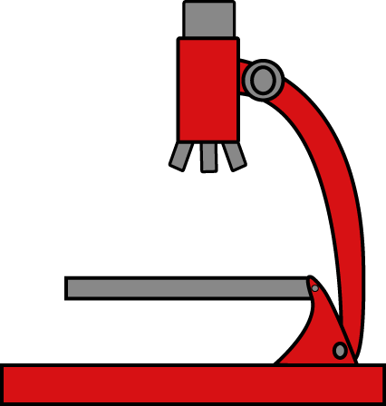 Stylized red and gray compound microscope illustration on black background.