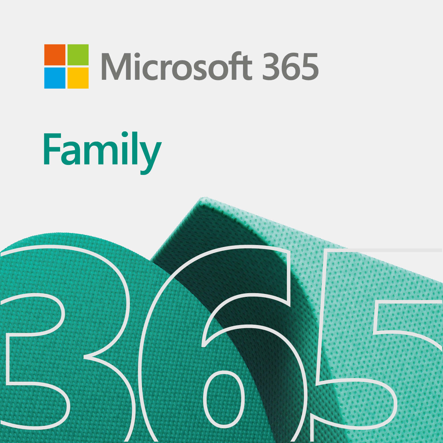 Microsoft 365 Family plan branding with teal textured "365" graphic and logo.