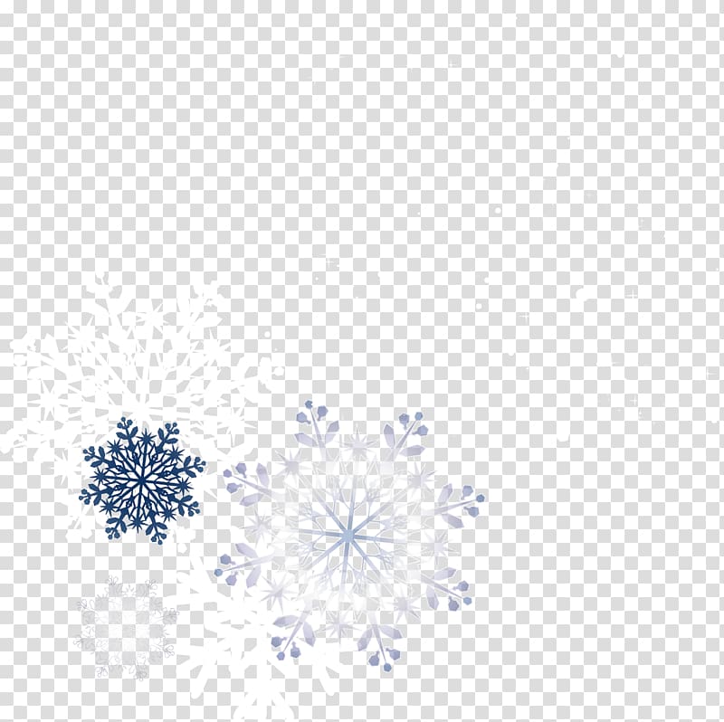 Decorative snowflakes in blue, white, and lavender on transparent background for winter-themed designs.