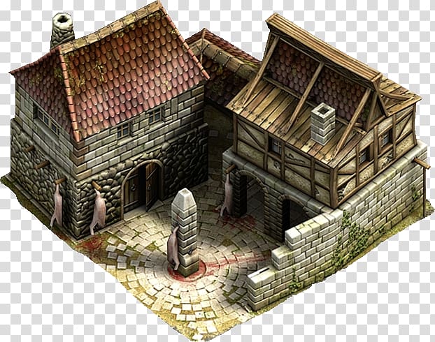 Medieval stone and timber-framed butcher shop with hanging meat and blood-stained cobblestone courtyard.