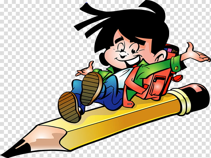 Smiling cartoon boy with backpack riding a giant yellow pencil as if flying.