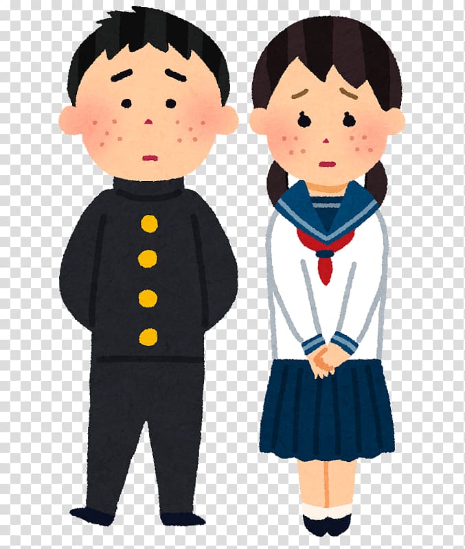 Sad Japanese schoolboy and schoolgirl in uniforms with freckles and worried expressions.