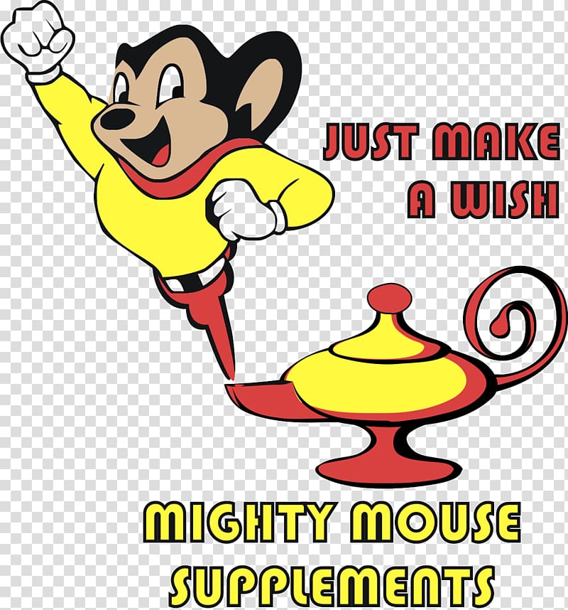 Mighty Mouse leaping joyfully beside a magic lamp with "Just Make a Wish" text and "Mighty Mouse Supplements" branding.