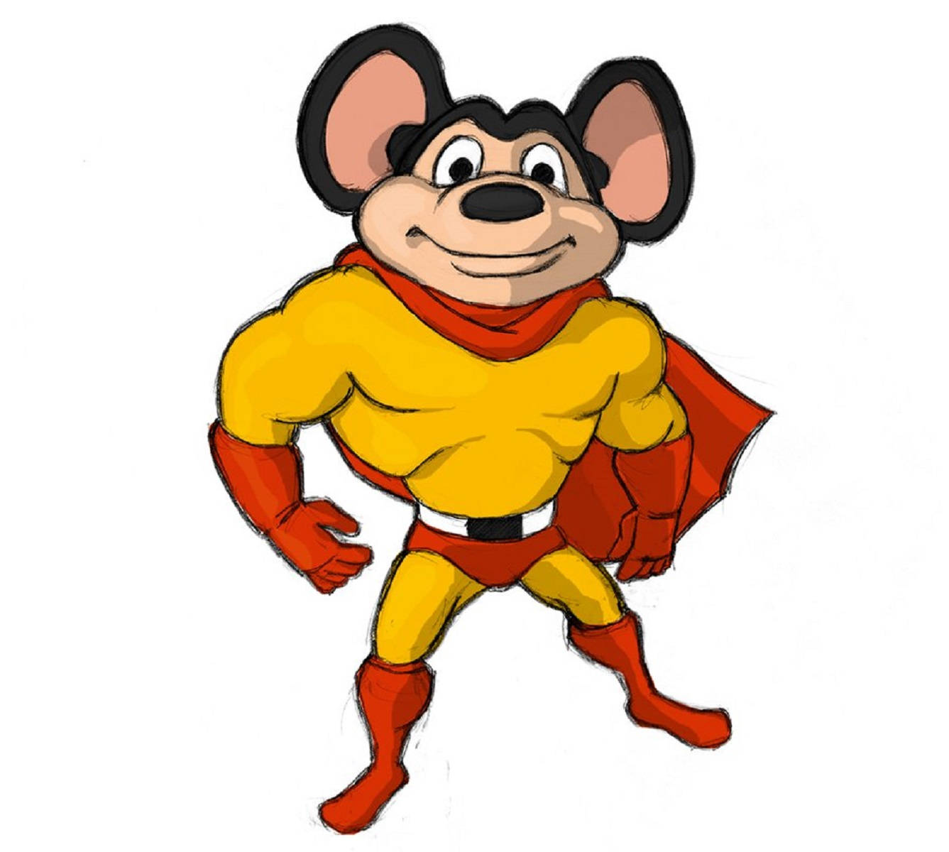 Muscular cartoon mouse superhero in yellow suit with red cape, gloves, and boots, smiling confidently.