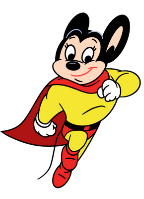 A cheerful cartoon mouse superhero in a yellow suit, red cape, and boots, flying with a confident smile.
