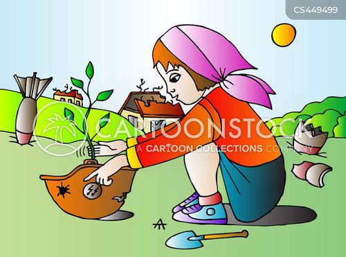 A child in a pink headscarf plants a sapling using a broken pot as a planter, surrounded by eco-friendly gardening tools and greenery.