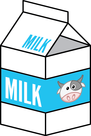 Cartoon milk carton with blue label, "MILK" text, and smiling cow face illustration.