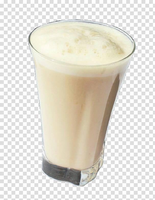 A tall glass of creamy beige beverage with frothy foam on top, served in a clear faceted glass.