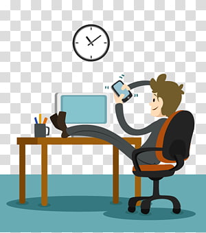 Man relaxing at desk with feet up, holding phone, clock on wall showing 10:10.