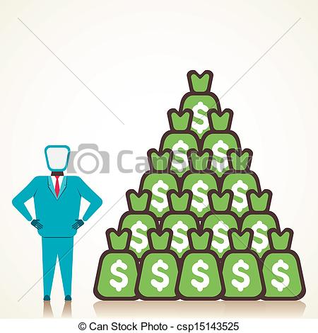 Businessman standing beside a pyramid of green money bags with dollar signs.