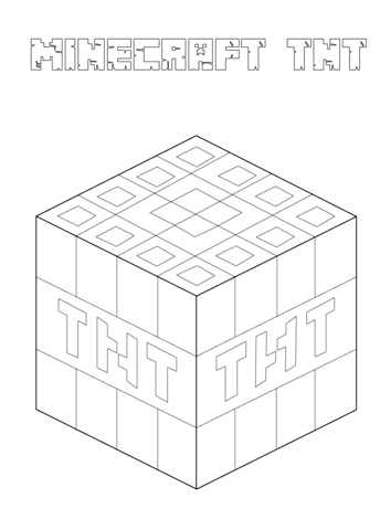 Line-art illustration of a Minecraft TNT block with pixelated texture and "TNT" lettering on visible faces.