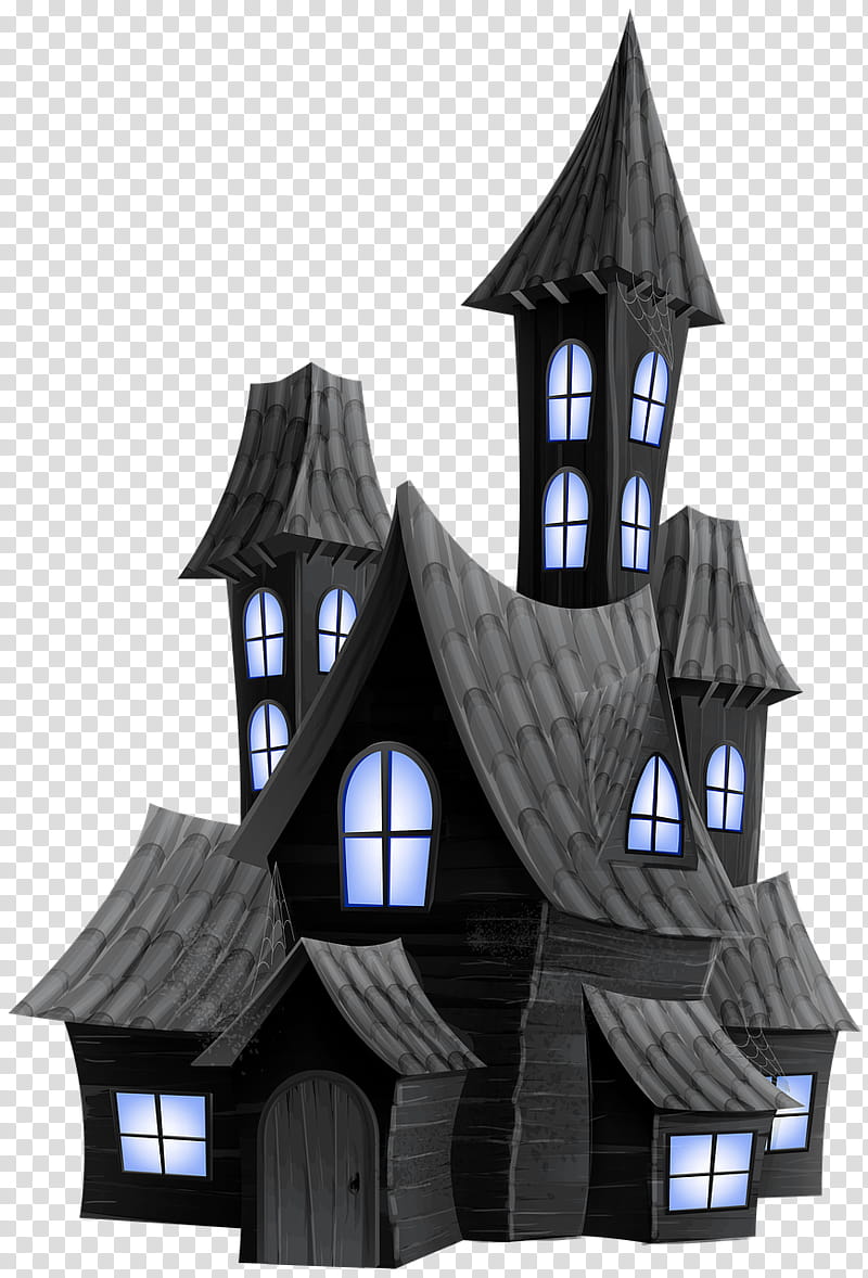 Spooky black haunted house with glowing blue windows, crooked rooflines, and a tall tower on transparent background.