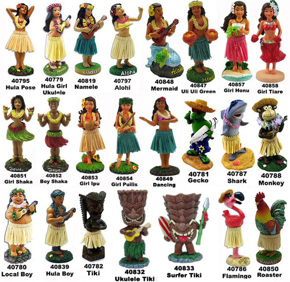 Collection of colorful Hawaiian-themed figurines including hula dancers, tiki statues, animals, and musicians with product codes.