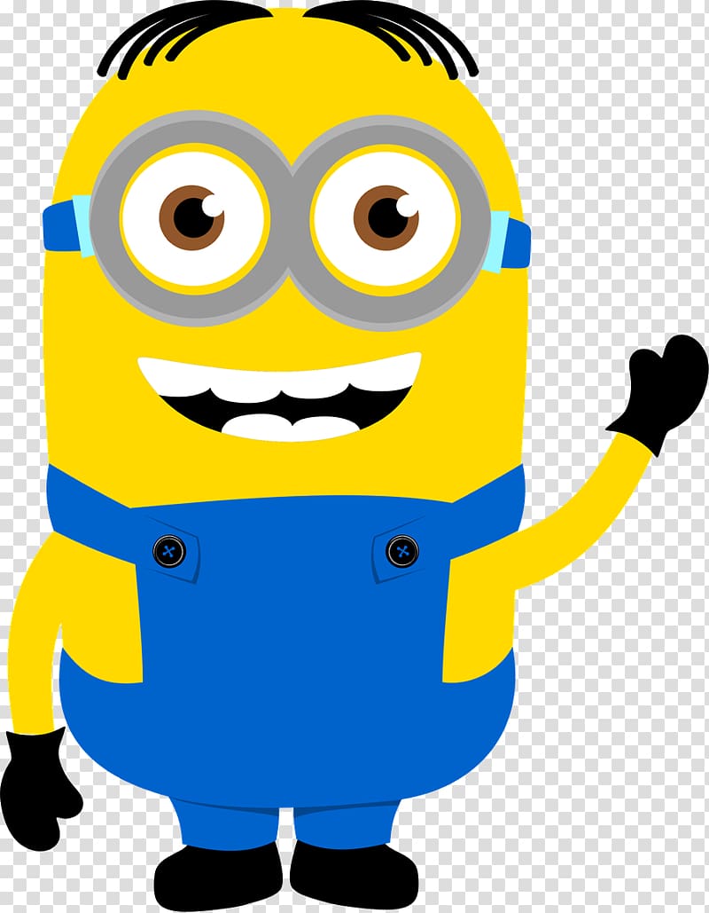 Cheerful yellow Minion with goggles, blue overalls, and black gloves waving hello.