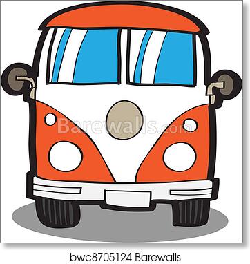 Cartoon-style orange and white vintage van with blue windows and round headlights.