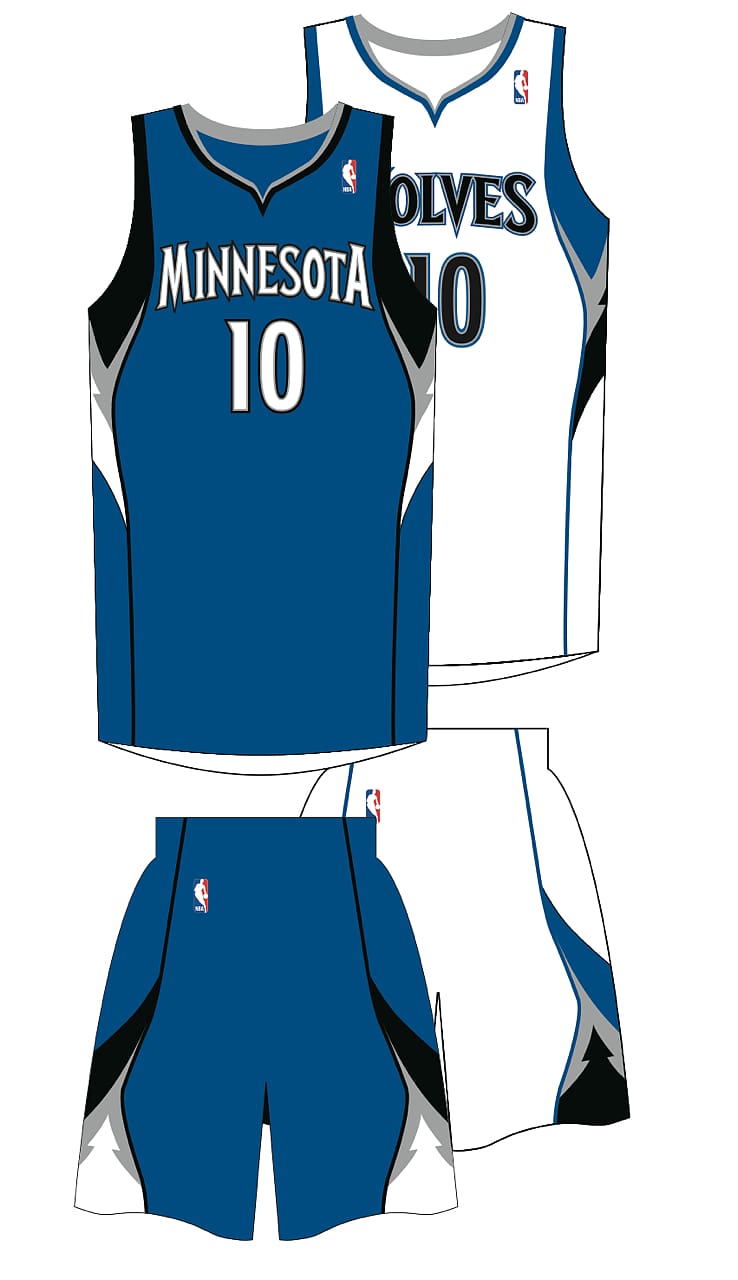 Minnesota Timberwolves 2010s-era home and away basketball uniforms with blue, white, black, and gray accents, number 10 shown.