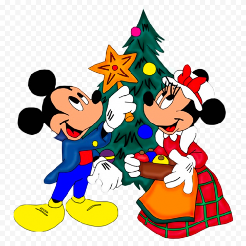 Mickey and Minnie Mouse decorating a Christmas tree with ornaments and a star.